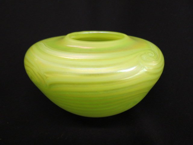 Loetz Style Art Glass Vase,: iridescent swirl on lime green, 6" diameter, excellent.