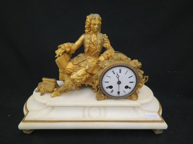 French Figural Bronze & Marble Clock,: seated man with book, Japy Freres movement, 11 1/2" tall, 15" wide, working.