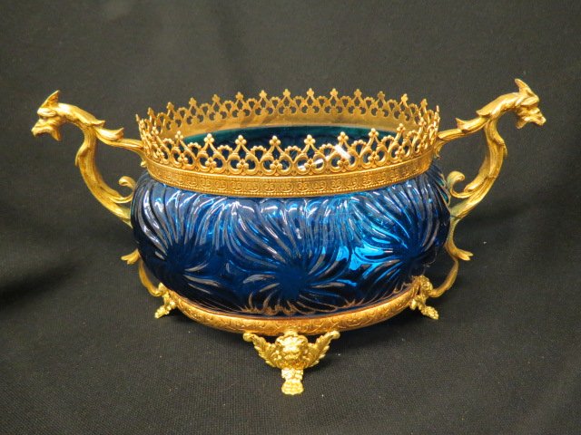 French Art Glass & Ormoulu Centerpiece,: blue swirling floral oval glass, cherub footed base with serpent handles, 5" x 11".