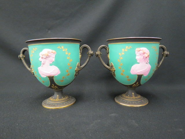 Pair of Fine Jasperware Porcelain Portrait Vases,: pink busts of ladies on green field, black & gold trim, fancy handles, pedestal bases, 8" tall, late 19th century, excellent.