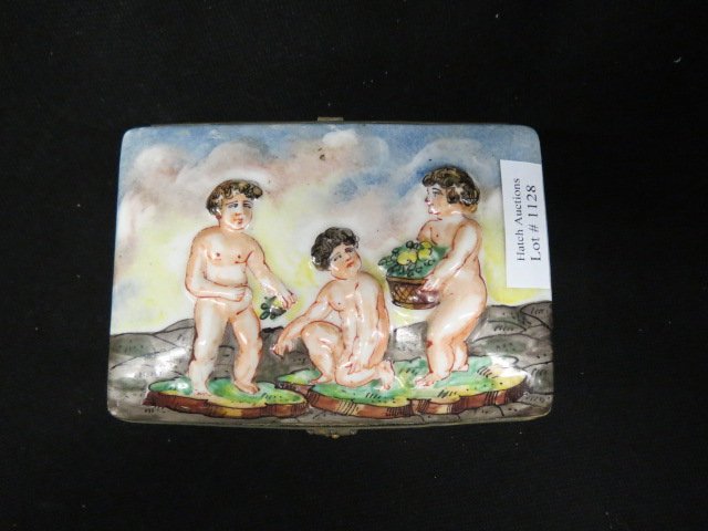Early Capodimonte Style French Box,: 3 1/2" x 5 1/2", naked children decor, circa 1900.