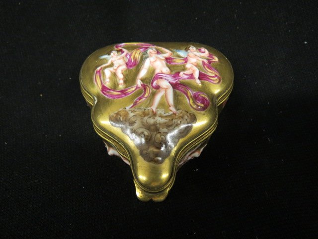 Capodimonte Porcelain Box,: nude maiden & cherub decor, gold background, unusual shape, 3 1/4" x 3 1/2", excellent.