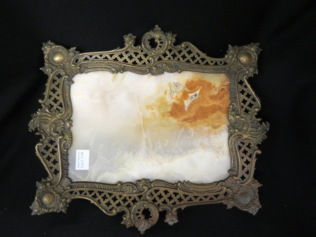 French Bronze & Onyx Dresser Tray,: footed, fancy openwork, 12" x 13 1/2", circa 1890's.