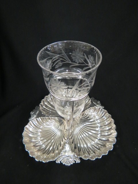 Sheffield Silverplate Epergne,: etched crystal center vase with a trio of shell shape dishes below, by Walker & Hall, excellent.
