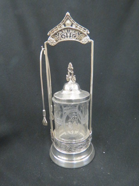 Victorian Silverplate Pickle Castor,: "Venus & Cupid" pattern glass insert with tongs, by Rogers, 12".