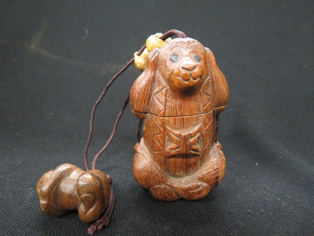 Oriental Carved Wooden Inro, Ojime & Netsuke Set,: inro 3 1/4" tall, monkey motif.