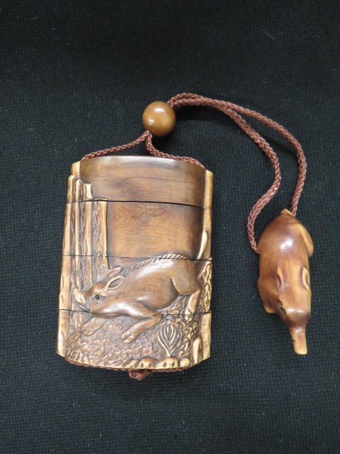 Carved Wood Inro, Ojime & Netsuke Set,: Inro is 3", pig motif.