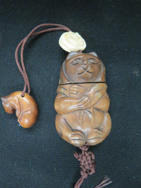 Carved Wood Inro, Ojime & Netsuke Set,: inro 2 1/2" tall, cat motif.