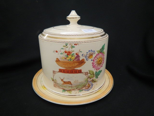 English Ironstone, Dome Covered Dish,: "Tongue Dish", 9" tall, deer & floral design, circa 1890, excellent.