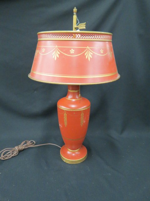 Tin Tole Decorated Lamp,: gold on red, matching shade, 26 1/2" tall.