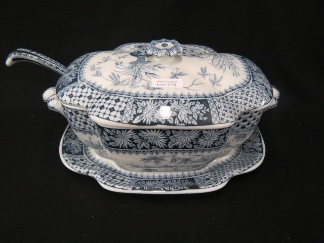 W.T. Copeland English Ironstone Tureen: with underplate & ladle, floral transferware, 8" x 14", ladle has repair, rest is excellent, circa 1875.