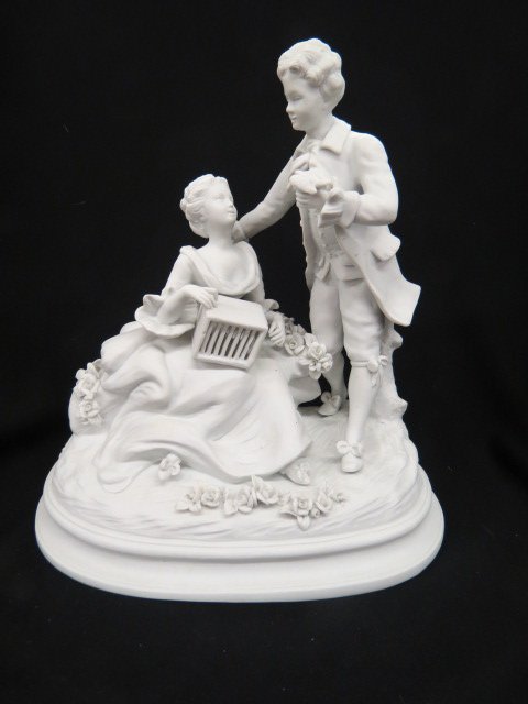 French Biscuitware Parian Figurine,: scene with couple & bird, 17" tall, excellent.