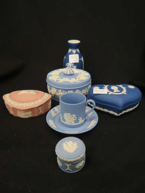 6 pcs. Wedgwood Jasperware,: includes boxes, bud vase & demitasse cup & saucer, various colors, all excellent.