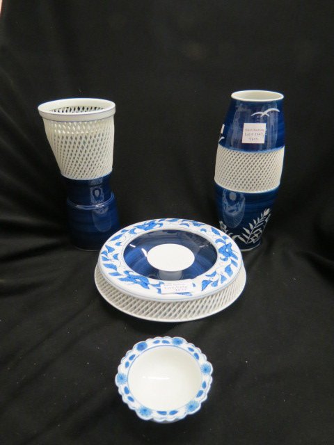 4 pcs. of Japanese Porcelain;: 2 vases with fancy woven openwork, 9 1/2" tall plus similar 8 1/2" ashtray and a small sauce dish, all excellent.