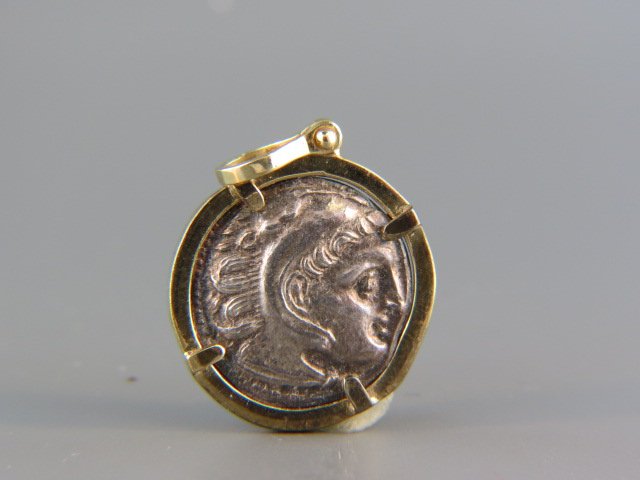 Ancient Greek Coin,: Drachma, Alexander the Great III, silver, 336-323 B.C., 14k yellow gold, with certificate.