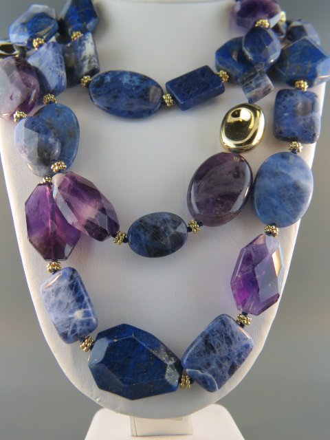 Lapis, Sodalite & Amethyst Necklace,: triple strand, 22" long, gold on sterling beads, spacers & clasp.