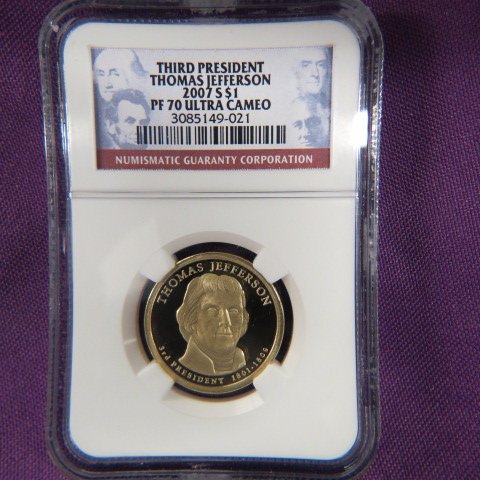 2007 Thomas Jefferson Dollar,: NGC certified & graded, proof-70, ultra cameo.