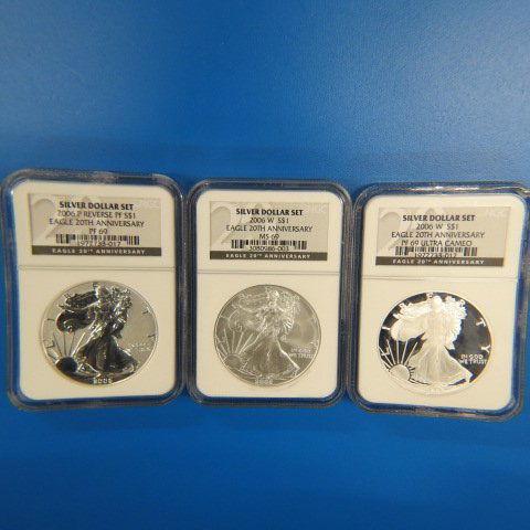 2006 American Silver Eagle 20th Anniversary: Dollar Set, MS-69, reverse proof-69, and proof 69 ultra cameo all NGC certified.