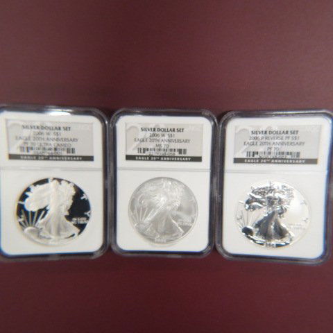 2006 American Silver Eagle 20th Anniversary: Dollar Set, MS-70, reverse proof-70 and proof 70, all NGC certified.