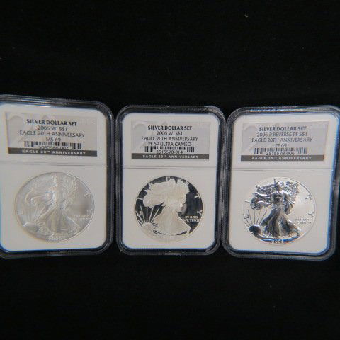 2006 American Silver Eagle 20th Anniversary: Dollar Set, MS-69, reverse proof 69 and proof 69 ultra cameo, all NGC certified.