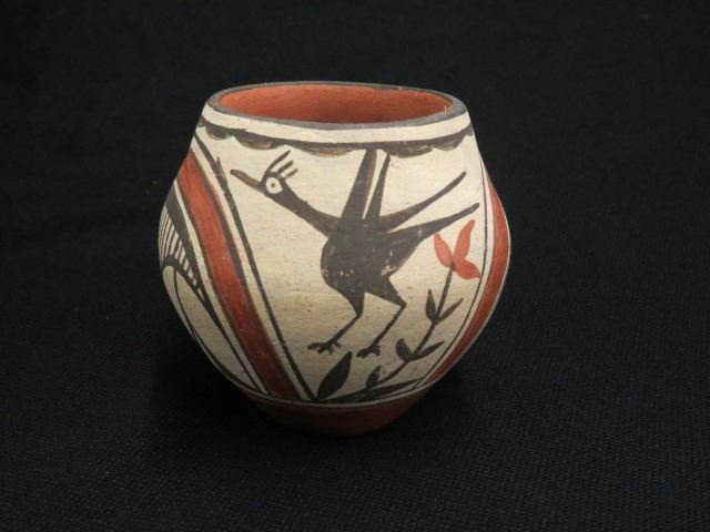 Indian Pottery Vase,: roadrunner & geometric designs, signed Julia Saiz Zia, 3 1/4", excellent.