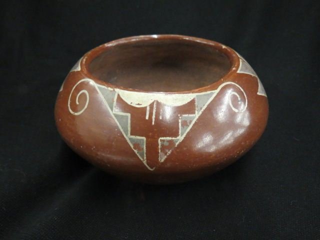 Indian Pottery Bowl,: geometric designs on red brown, 7" diameter, 3 3/4" tall.