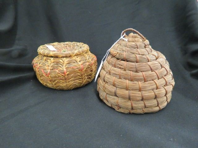 2 Pine Needle Covered Baskets,: one beehive shape, 6".