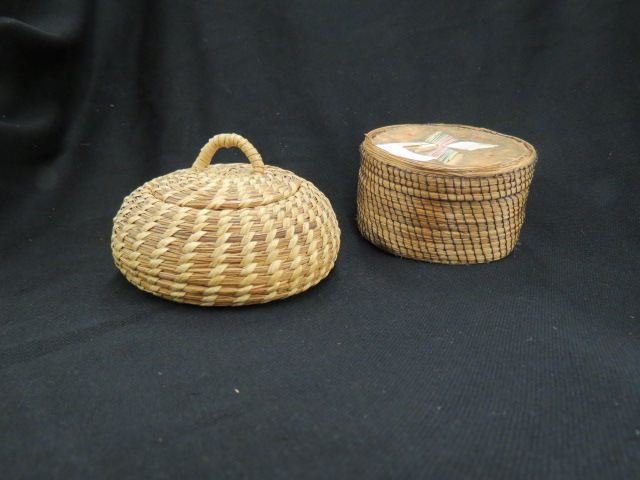 2 Covered Baskets,: Indian pine needle & bark 4" diameter and a 5" pine needle.