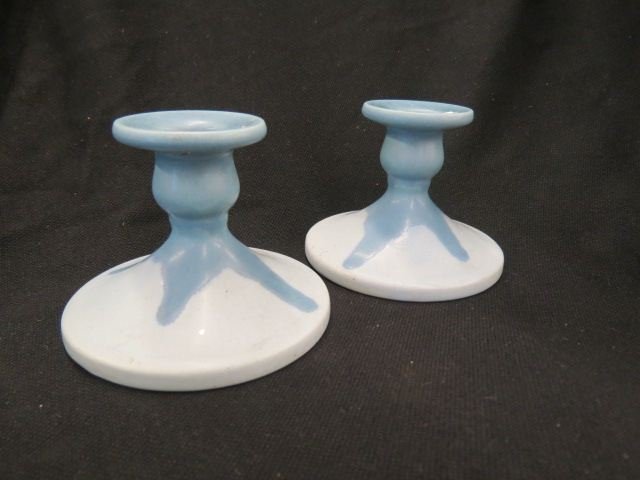 Roseville Carnelian I Pottery Candleholders,: blue 3 1/4", 1910 to 1915, some damage.