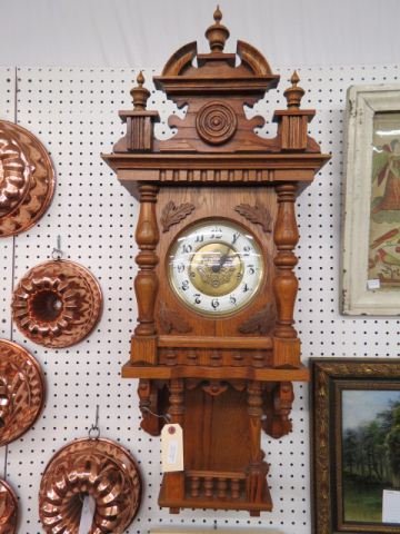 Fine German Oak Wall Clock,: carved, with chimes, lower shelf, 40" tall, working.