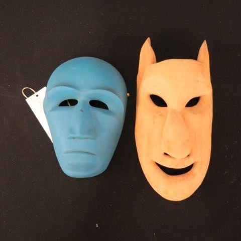 2 Cherokee Indian Masks;: Blue Clan by Virgil Crowe, buckeye wood and one with pointed ears by Jonason Little John, largest 6" x 13".Native American masks had many different purposes including its medicinal and spiritual uses 