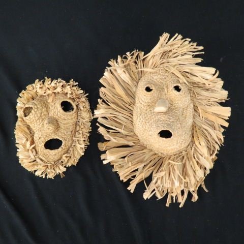2 Cherokee Indian Corn Shuck Masks,: by Millie Fisher, with tags, largest is 13" x 14".Native American masks had many different purposes including its medicinal and spiritual uses and sometimes they were just used for entertainment purpo