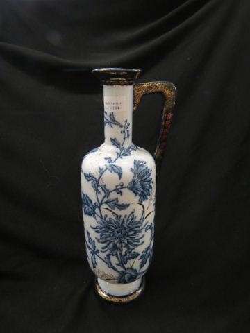 Blue Transferware Ironstone Pitcher,: tall bottle shape, circa 1890, floral with gold highlights, 13", excellent.