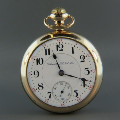 Hamilton Railroad Pocketwatch,: 21 jewel, gold-filled open-face, 18 size, working.