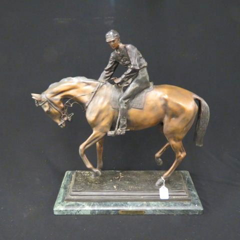 Bronze Statue of Horse & Jockey,: after Bonhour, green marble base, 23" tall.