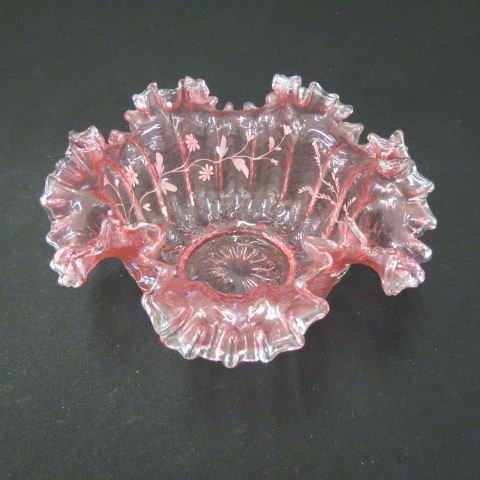 Enameled Cranberry Art Glass Brides Bowl,: flowering vine on ribbed body, ruffle style rim, 10 1/2", excellent, with letter stating from 1876 Philadelphia Centennial.