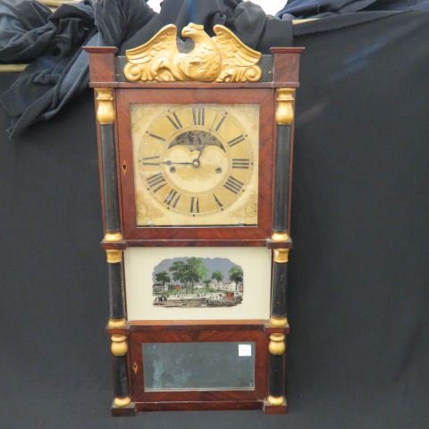 R. & J.B. Terry Triple Decker Clock,: eagle at top, street scene at center, 35" tall, working, scarce.
