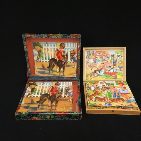 2 Puzzle Block Toy Sets,: paper lithograph on wood, in original boxes.