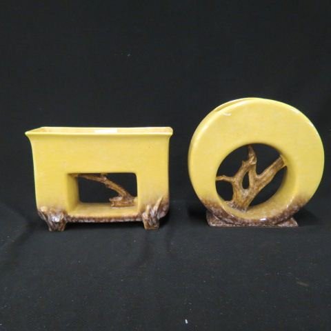 2 Roseville "Winecraft" Pottery Vases,: Art Moderne style, brown on yellow, tallest is 8", excellent.