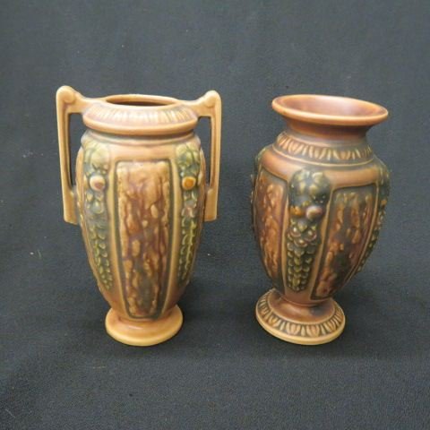 2 Roseville "Florentine" Art Pottery Vases,: 6 1/2" brown, one has handles, both excellent.