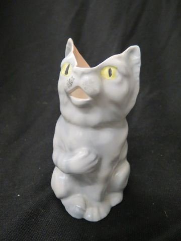 Royal Bayreuth Cat Figural Creamer,: gray, 5", excellent....Royal Bayreuth is the name of a factory that was founded in Tettau, Bavaria, in 1794. It has continued to modern times. The marks have changed through the years. A stylized cres