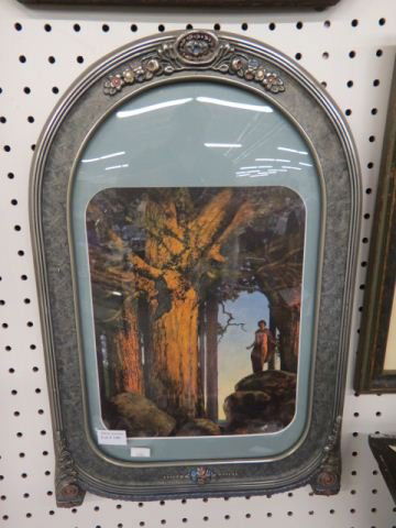 Maxfield Parrish, Print,: boy standing on rock looking at giant redwoods, image area approx. 11" x 9", deco frame.