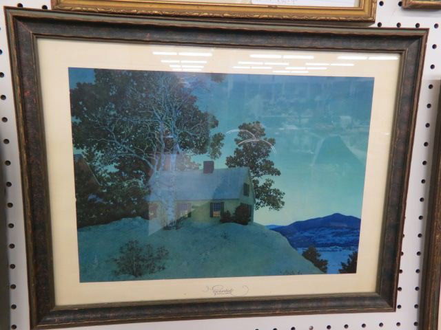 Maxfield Parrish, Print, "Eventide",: cottage in winter, image area 14" x 10".