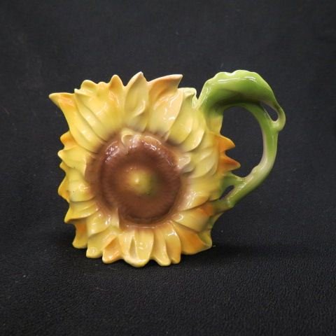 Royal Bayreuth Sunflower Figural Creamer,: 4", excellent.Royal Bayreuth is the name of a factory that was founded in Tettau, Bavaria, in 1794. It has continued to modern times. The marks have changed through the years. A stylized crest, the na