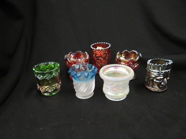 7 Glass Toothpick Holders;: Carnival, Imperial, Fenton, Joe St. Clair & more, 2 1/4" to 3 1/2", excellent.