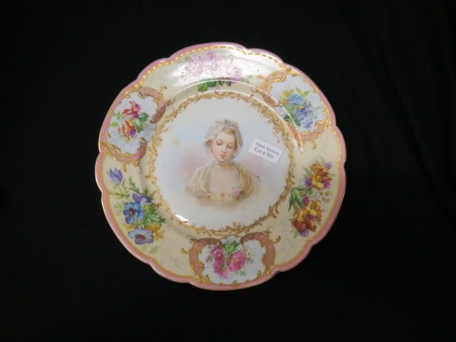 Sevres Porcelain Portrait Plate,: handpainted young lady, floral border, pink & gold trim, 9 1/4", excellent.