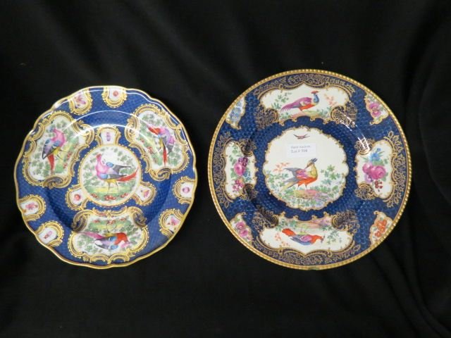 2 Early English Porcelain Plates,: elaborate bird & florals, rich blue & gold trim, 9 1/2", one signed Booths has a rim chip.