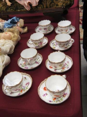 8 Meissen Porcelain Cups & Saucers,: demitasse size, handpainted floral sprays, fine gold work, crossed swords mark, excellent.