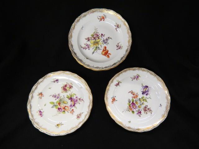 6 Meissen Porcelain Dessert Plates,: handpainted florals, fine gold work, 7 3/4", excellent, crossed swords mark.