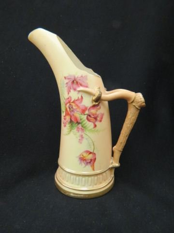 Royal Worcester Porcelain Pitcher,: gooseneck openview spout, twig handle handpainted florals, gold trim, 8", excellent. In 1751 an event of historic significance occurred on the banks of the River Severn in Worcester, England. Here, un